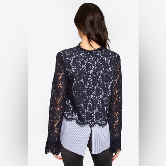 Sugar + Lips Pinstripe and Lace Blouse Size Large - Picture 5 of 13